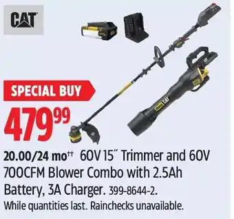 Canadian Tire Cat 60v 15 trimmer and 60v 700cfm blower combo with 2.5ah battery, 3a charger offer