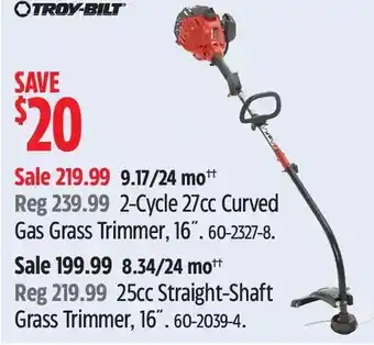 Canadian Tire Troy-bilt 2-cycle 27cc curved gas grass trimmer, 16 | 25cc straight-shaft grass trimmer, 16 offer