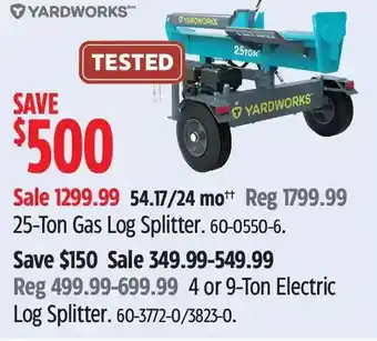Canadian Tire Yardworks 25-ton gas log splitter | 4 or 9-ton electric log splitter offer