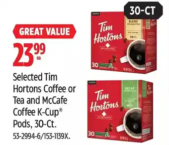 Canadian Tire Tim hortons coffee or tea and mccafe coffee k-cup pods offer