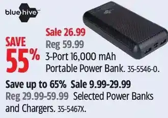 Canadian Tire Blue hive 3-port 16,000 mah portable power bank | power banks and chargers offer