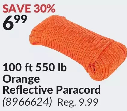 Princess Auto 100 ft 550 lb orange reflective paracord offer