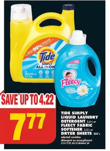 No Frills Tide simply liquid laundry detergent | fleecy fabric softener | dryer sheets offer