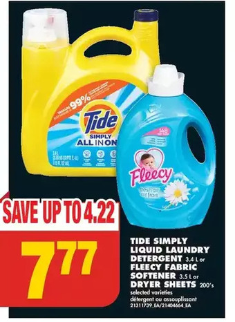 No Frills Tide simply liquid laundry detergent | fleecy fabric softener | dryer sheets offer
