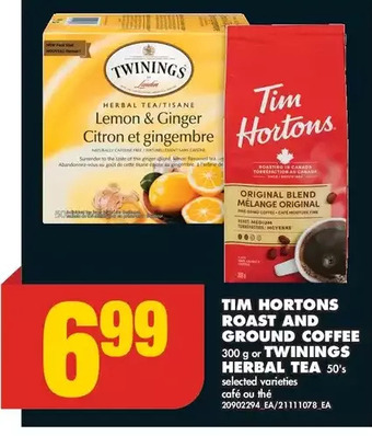 No Frills Tim hortons roast | ground coffee | twinings herbal tea offer