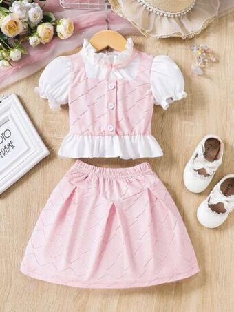 SheIn Shein baby puff sleeve ruffle hem 2 in 1 top & fold pleated detail skirt offer