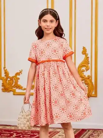 SheIn Shein girls floral print contrast lace smock dress offer