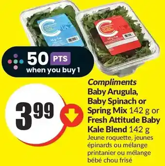 FreshCo Compliments baby arugula, baby spinach or spring mix or fresh attitude baby kale blend offer