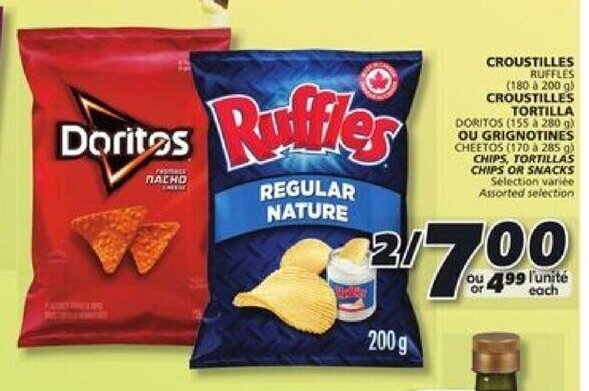 IGA (180 à 200 g)DORITOS (155 à 280 g) CHEETOS (170 à 285 g) CHIPS, TORTILLAS CHIPS OR SNACKS offer