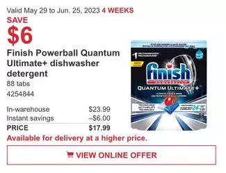 Costco Finish powerball quantum ultimate+ dishwasher detergent offer