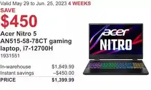 Costco Acer nitro 5 an515-58-78ct gaming laptop, i7-12700h offer