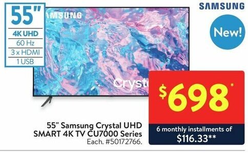 Walmart 55" Samsung Crystal UHD SMART 4K TV CU7000 Series offer