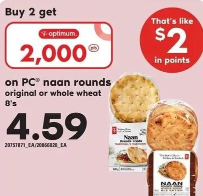 Loblaws PC® naan rounds original or whole wheat 8's offer
