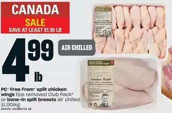 Loblaws Pc free from split chicken wings or bone-in split breasts offer