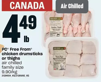 Loblaws Pc free from chicken drumsticks or thighs offer