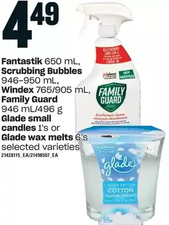 Loblaws Fantastik, scrubbing bubbles, windex, family guard | glad small candles or glade wax melts offer