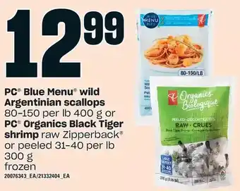 Loblaws Pc blue menu wild argentinian scallops or pc organics black tiger shrimp offer