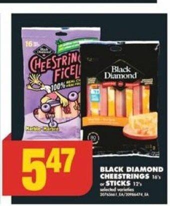 No Frills BLACK DIAMOND CHEESTRINGS 16's or STICKS 12's offer