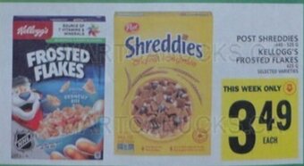 Food Basics POST SHREDDIES or KELLOGG'S FROSTED FLAKES offer