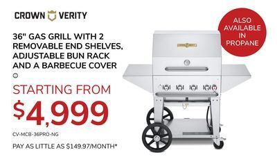 Goemans Appliances Crown verity 36 gas grill with 2 removable end shelves, adjustable bun rack and a barbecue cover offer