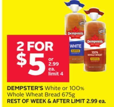 Rexall Dempster's white or 100% whole wheat bread 675g offer
