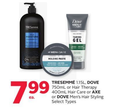 Rexall Tresemmé 1.15l, dove 750ml or hair therapy 400ml hair care or axe or dove men's hair styling offer