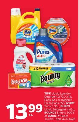 Rexall Tide liquid laundry detergent 2.72l-3.4l, pods 42' s or hygienic clean pods 25' s, ivory snow 1.36l, purex liquid detergent 4 offer