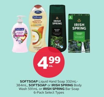 Rexall Softsoap liquid hand soap 332ml-384ml, softsoap or irish spring body wash 591ml or irish spring bar soap 6-pack offer