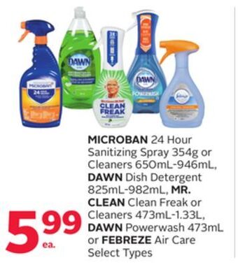 Rexall Microban 24 hour sanitizing spray 354g or cleaners 650ml-946ml, dawn dish detergent 825ml-982ml, mr. clean clean freak or cle offer