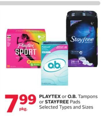 Rexall Playtex or o. b. tampons or stayfree pads offer