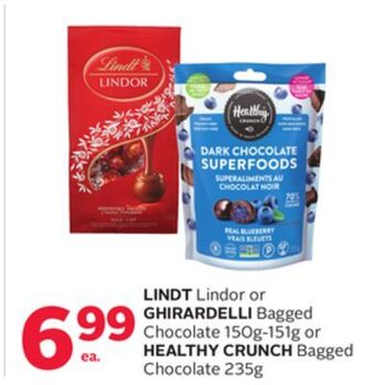 Rexall Lindt lindor or ghirardelli bagged chocolate 150g-151g or healthy crunch bagged chocolate 235g offer
