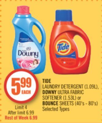 Shoppers Drug Mart Tide laundry detergent (1.09l), downy ultra fabric softener (1.53l) or bounce sheets (40's - 80's) offer