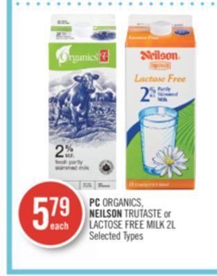 Shoppers Drug Mart Pc organics, neilson trutaste or lactose free milk offer
