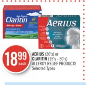 Shoppers Drug Mart Aerius (20's) or claritin (15's - 30's) allergy relief products offer