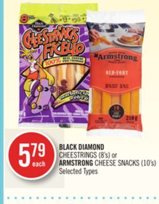Shoppers Drug Mart Black diamond cheestrings (8's) or armstrong cheese snacks (10's) offer