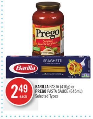 Shoppers Drug Mart Barilla pasta (410g) or prego pasta sauce (645ml) offer
