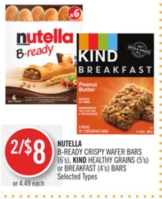 Shoppers Drug Mart Nutella b-ready crispy wafer bars (6's), kind healthy grains (5's) or breakfast (4's) bars offer
