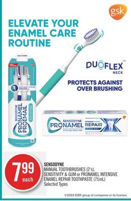 Shoppers Drug Mart Sensodyne manual toothbrushes (2's) sensitivity & gum or pronamel intensive enamel repair toothpaste (75ml) offer