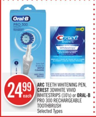 Shoppers Drug Mart Arc teeth whitening pen, crest 3dwhite vivid whitestrips (10's) or oral-b pro 300 rechargeable toothbrush offer