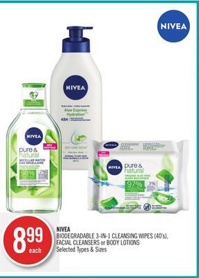 Shoppers Drug Mart Nivea biodegradable 3-in-1 cleansing wipes (40's), facial cleansers or body lotions offer