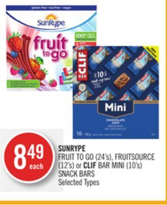 Shoppers Drug Mart Sunrype fruit to go (24's), fruitsource (12's) or clif bar mini (10's) snack bars offer