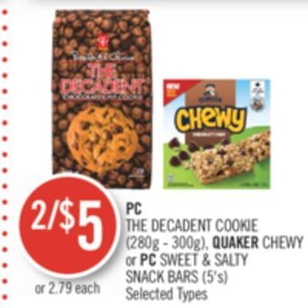 Shoppers Drug Mart Pc the decadent cookie (280g - 300g), quaker chewy or pc sweet & salty snack bars (5's) offer