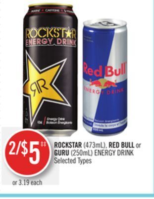 Shoppers Drug Mart Rockstar (473ml), red bull or guru (250ml) energy drink offer