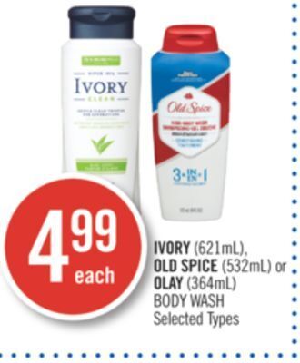 Shoppers Drug Mart Ivory (621ml), old spice (532ml) or olay (364ml) body wash offer