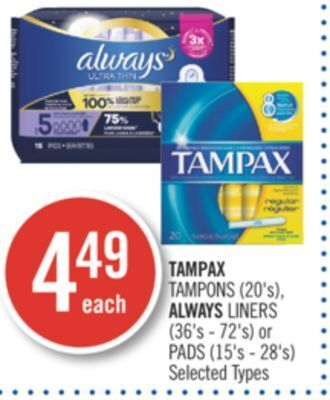Shoppers Drug Mart Tampax tampons (20's), always liners (36's - 72's) or pads (15's - 28's) offer