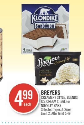 Shoppers Drug Mart Breyers creamery style, blends ice cream (1.66l) or novelty bars offer