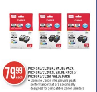 Shoppers Drug Mart Pg245xl/cl246xl value pack, pg240xl/cl241xl value pack or pg260xl/cl261 value pack offer