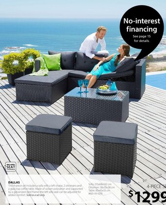 JYSK Dallas 4-piece set includes a sofa with a left chaise, 2 ottomans and a glass top coffee table offer