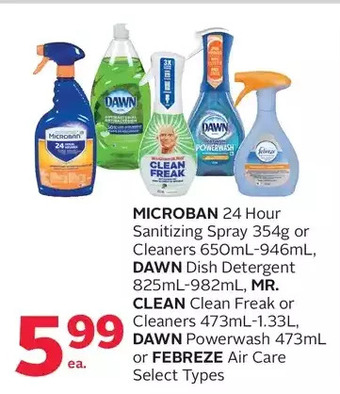 Rexall Microban 24 hour sanitizing spray or cleaners, dawn dish detergent, mr. clean clean freak or cleaners, dawn powerwash or febr offer