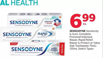 Rexall Sensodyne sensitivity & gum, complete, pronamel intensive repair, rapid relief, repair & protect or value size toothpaste offer